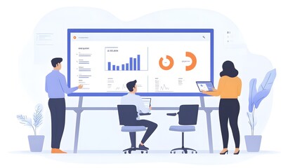 Fototapeta premium A modern office meeting illustrating teamwork, technology, and data analysis. Professionals collaborate on strategies using digital displays and laptops.