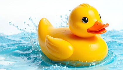 Joyful yellow rubber ducky floats playfully on vibrant blue water with splashing drops, a cheerful and classic bath toy.