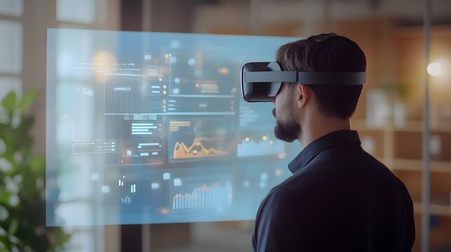 A person wearing a virtual reality headset interacts with digital holograms in an office setting, showcasing modern technology and immersive experiences for enhanced productivity.