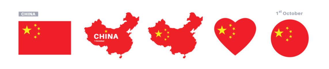 china flag and map set. china flag in official colors and proportions. independence day 1 october, map, circle and heart shaped china 