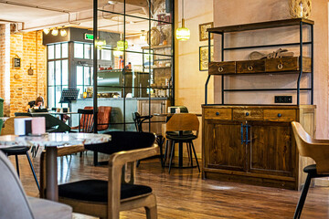 cozy stylish interior in a cafe with desserts and lunches