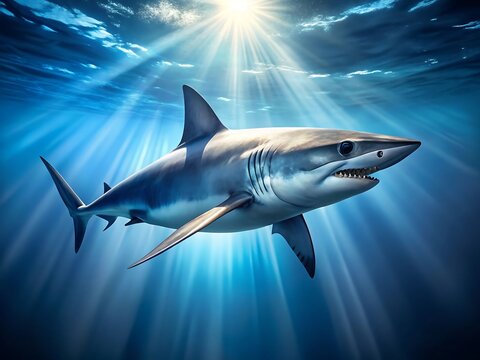 A mako shark glides gracefully through sunlit blue water