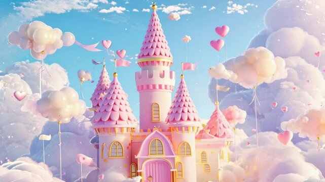 Whimsical video concept of a pink fairytale castle surrounded by fluffy clouds and heart balloons, captured from a low-angle perspective. Live desktop wallpaper.