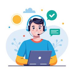 Smiling operator with headset, answering calls in customer support, white background