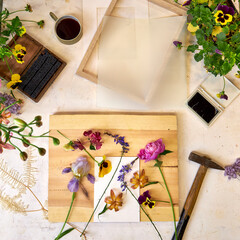 Botanical printmaking preparation – colorful fresh flowers arranged on board, DIY floral art...