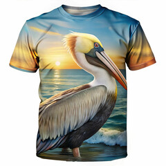 Front of a T-shirt featuring a pelican design, blending