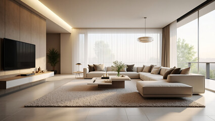 A modern minimalist living room with neutral tones, large windows, natural light, greenery, and a cozy layout, creating a warm and airy atmosphere.