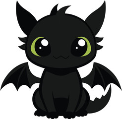 cute baby black dragon cartoon with green eyes fantasy creature