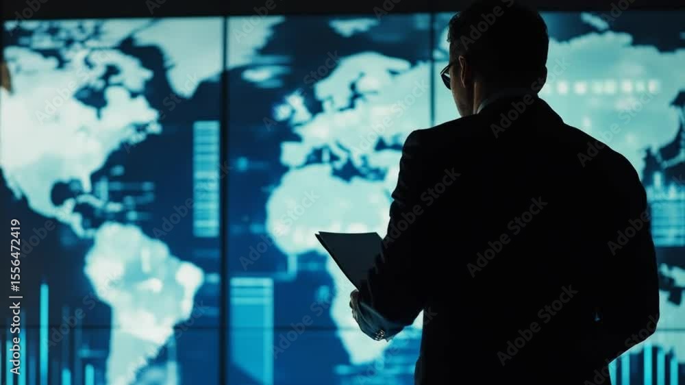 Poster executive analyzing global data on digital world map screen, data visualization concept