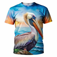 Front of a T-shirt featuring a pelican design, blending