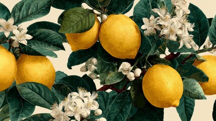 Motif de citron lumineux avec feuillage et fleurs blanches