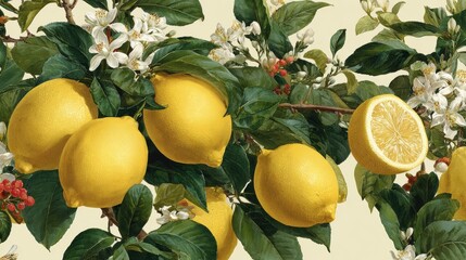 Motif de citron lumineux avec feuillage et fleurs blanches