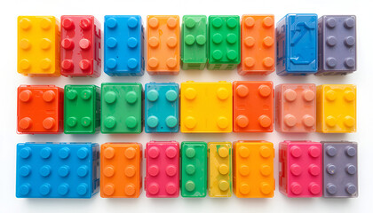 Naklejka premium Vibrant array of colorful building blocks arranged neatly on white background, suitable for childhood games and creative learning concepts.