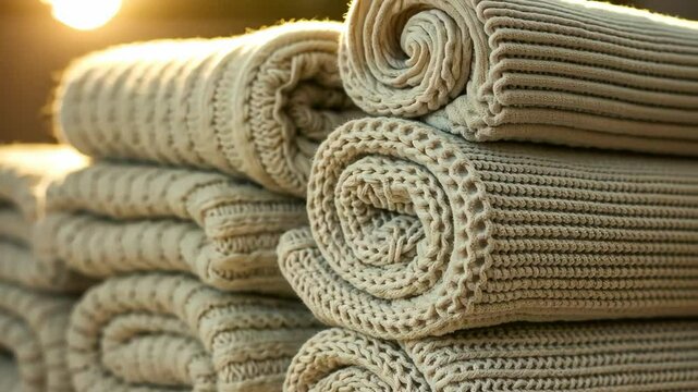 Stack of rolled knit blankets or throws, beige tones, soft texture