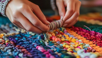 Close-up view of hands skillfully weaving colorful yarn into a vibrant rug. The intricate design showcases creativity and craftsmanship in a cozy, inviting environment.