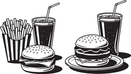 Silhouette Vector of Burger, Fries, and Drink Combo – Fast Food Combo Icon for Restaurant Branding, Menu Design, and Takeout Promotions

