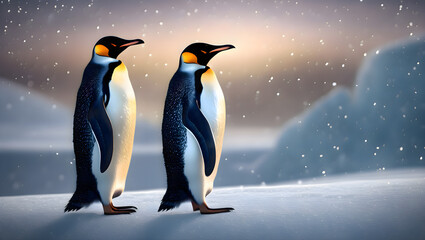 Two penguins standing close together on a snowy surface with visible feathers and contrasting black and white body colors