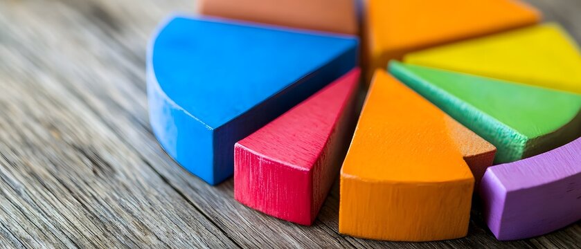 Colorful wooden pie chart segments arranged on a rustic wooden background, symbolizing data analysis and visualization in business environments.