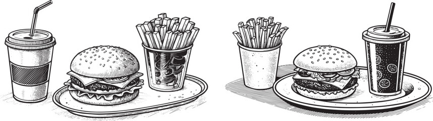 Silhouette Vector of Burger, Fries, and Drink Combo – Fast Food Combo Icon for Restaurant Branding, Menu Design, and Takeout Promotions

