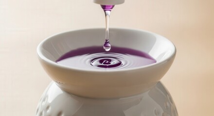 Purple Liquid Drop into White Ceramic Bowl