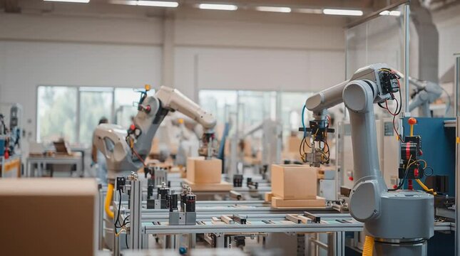 High-tech factory floor with synchronized robotic arms in motion, assembling parts in an automated industrial process. Clean, efficient, futuristic production.