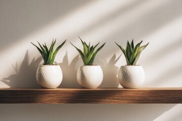 Three potted snake plants sit on a wooden shelf against a white wall, bathed in sunlight