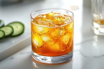 Refreshing iced drink with orange hue and cucumber slices on marble surface