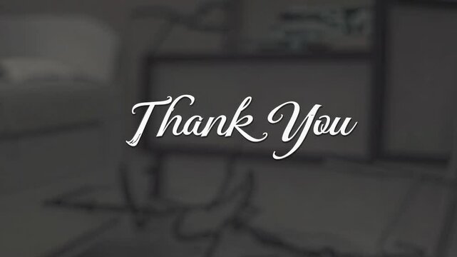 Elegant 'Thank You' text in cursive on a beige background. Shot from a straight-on angle, ideal for a closing scene in a video or presentation.
