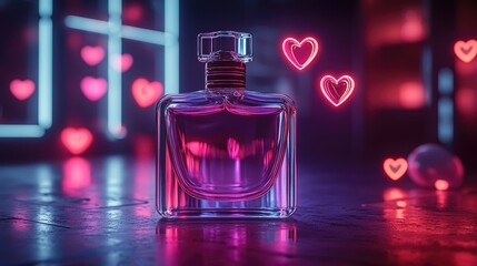 A perfume bottle in a neon-lit room with hearts.
