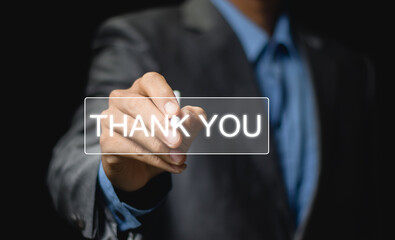 Message of appreciation for presentation, technology, innovation concept. Businessman interacting with a screen displaying text on a smart background to express gratitude, acknowledgment, and appre.