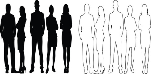 Man and woman profile icons, silhouette and outline vector set for social media, identity, and user interface.