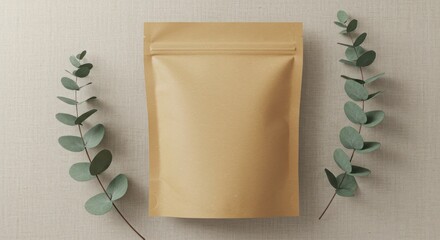 Kraft Paper Pouch Mockup on Linen Tablecloth with Eucalyptus Leaves, Top-Down View