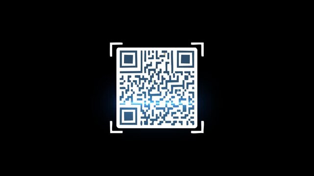 A digitally styled QR code being scanned with a blue laser line and blue corner brackets on a black background. The image conveys modern technology, contactless access, mobile payments,