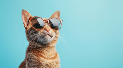 Cool orange tabby cat wearing stylish sunglasses against a blue background, perfect for pet humor content, summer-themed promotions, or playful lifestyle branding