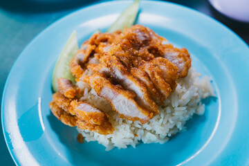 Crispy Fried Chicken with Rice and Cucumber Slices Served on Aqua Plate in a Bright Setting