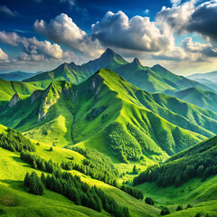 Green mountains in summer, isolated on a white background,