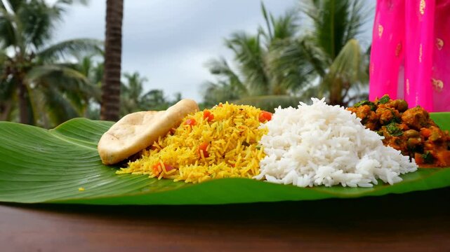 A traditional Kerala Onam Sadya served on a banana leaf &mdash; symbolizing cultural richness, hospitality, and festive abundance. Ideal for culinary branding, tourism, education, and heritage visuals