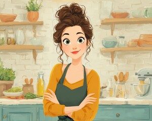 Smiling woman in a kitchen, arms crossed, casual outfit, ready to cook