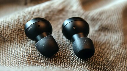 Close-up view of wireless earbuds resting on textured fabric, showcasing design and features