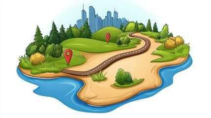 Illustration of a scenic road trip to the city with navigation pins