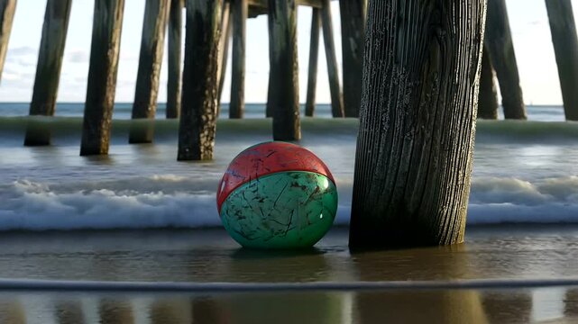 Colorful beach ball resting against a pier post with gentle waves lapping at the shore