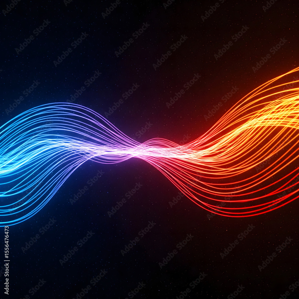 Poster abstract blue and red glowing wavy lines converge in the center on a dark background with subtle sta