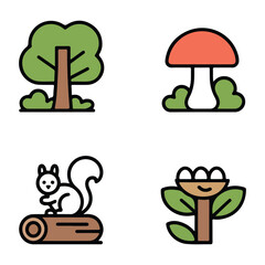 Four cartoon nature icons with tree mushroom squirrel and nest vector
