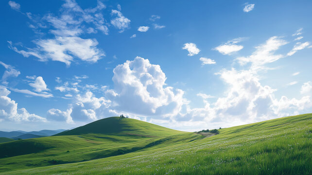 草原の丘と青空の景色