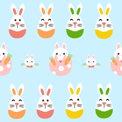 Seamless pattern cute easter rabbits with eggs and flowers, color pastel.