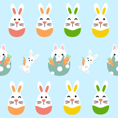 Fototapeta premium Seamless pattern cute easter rabbits with eggs and flowers, color pastel.