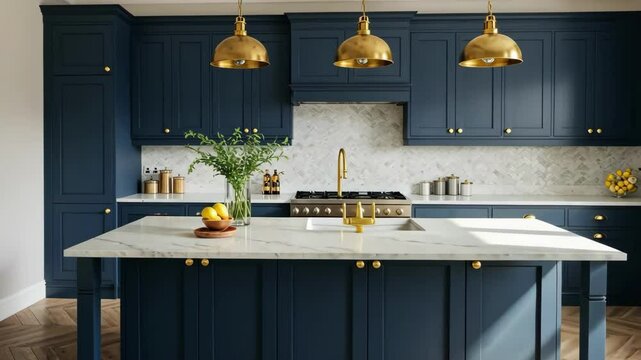 Elegant kitchen with island, cabinets, and marble backsplash design.