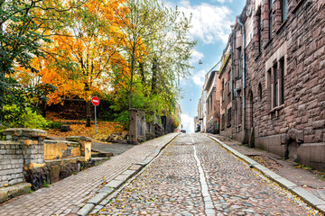 Autumn landscape of the famous Podgorny street in Vyborg