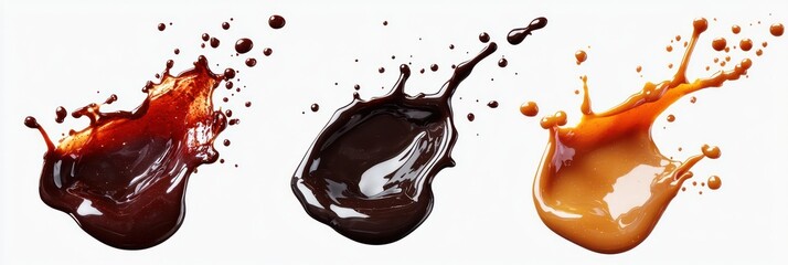 Cutout of set of 3 subjects: dark soy sauce, chocolate sauce, and barbecue sauce mixing into an intense, glossy splash, isolated on a PNG transparent background