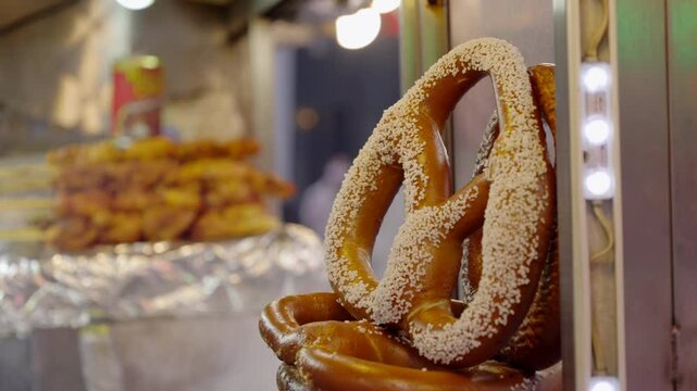 Pretzel at food vendor cart in big city 4k
